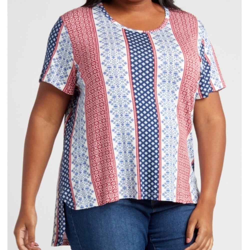 ** Hannah Hi-Lo Knit Top Red and Blue Print Stripe 